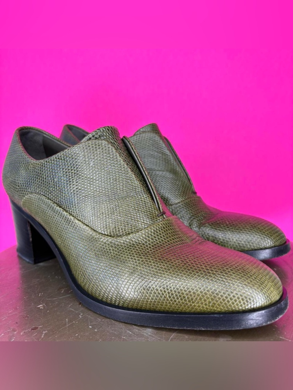 Reed Krakoff Olive Green Leather Slip-On Block Heel Bootie EU 37